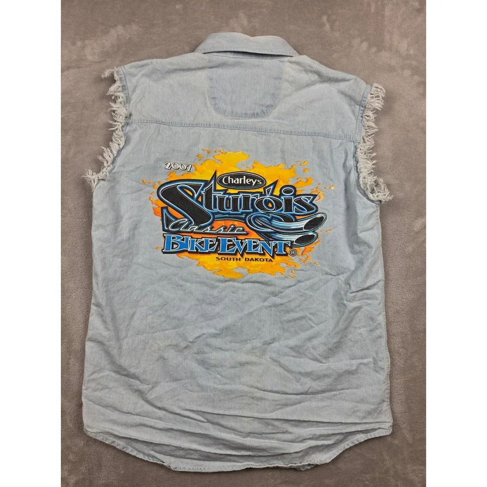 Cotton Heritage Denim Vest Mens M Light Blue Sturgis 2007 Biker Frayed Cutoff